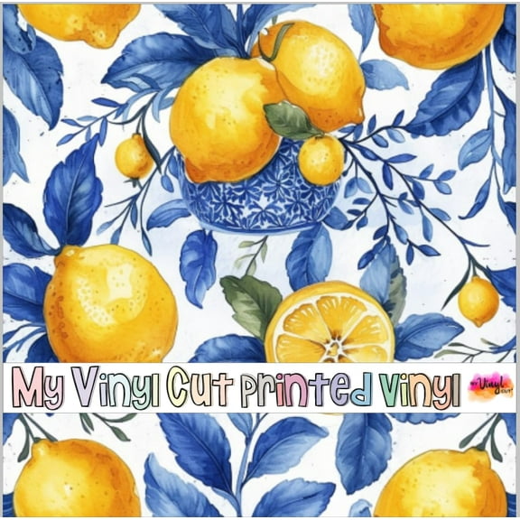 Printed Adhesive Vinyl Blue and Lemons G Pattern Permanent Adhesive (Large Scale)