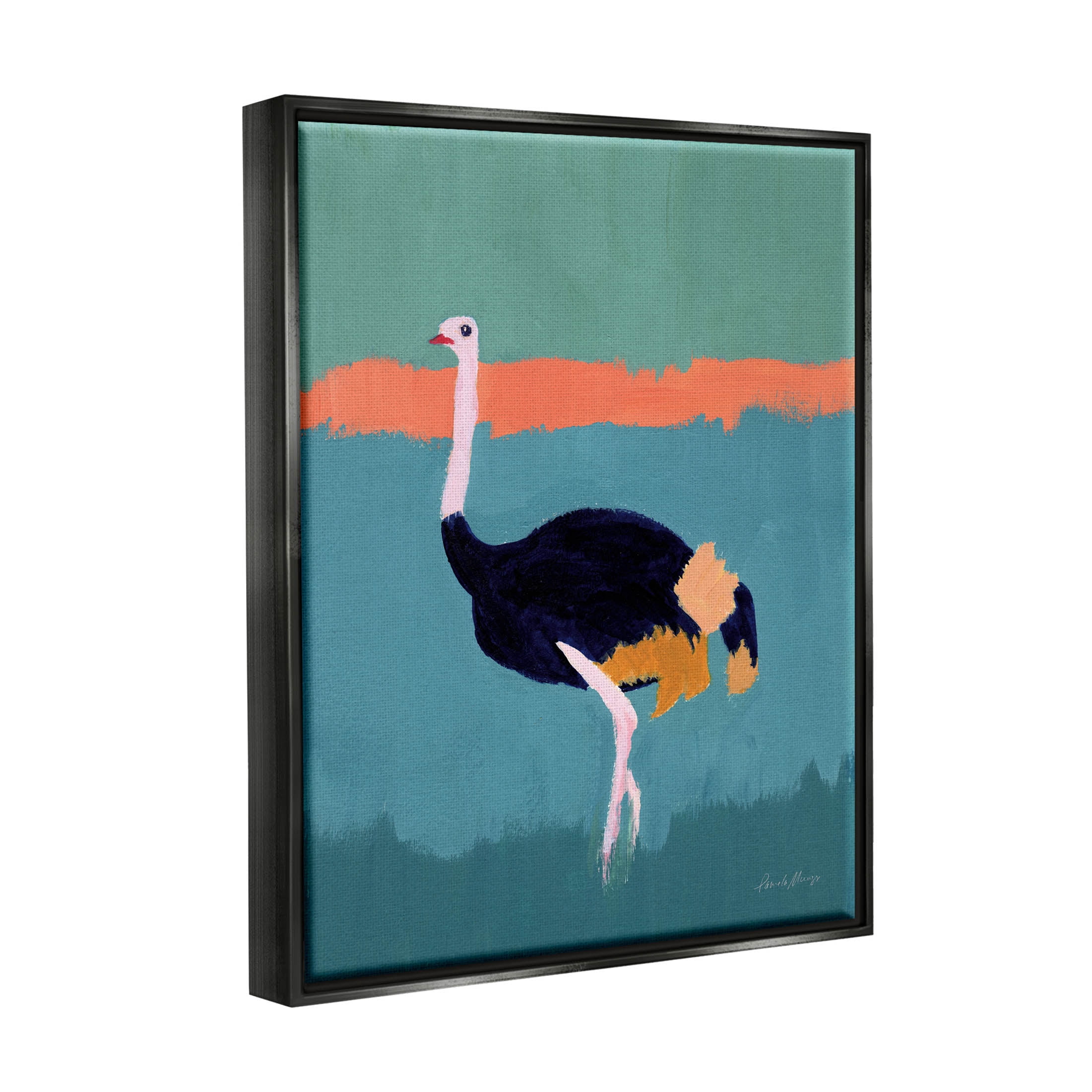 Stupell Industries Modern Ostrich Wildlife Painting Painting Jet Black Floating Framed Canvas Print Wall Art, Design by Pamela Munger