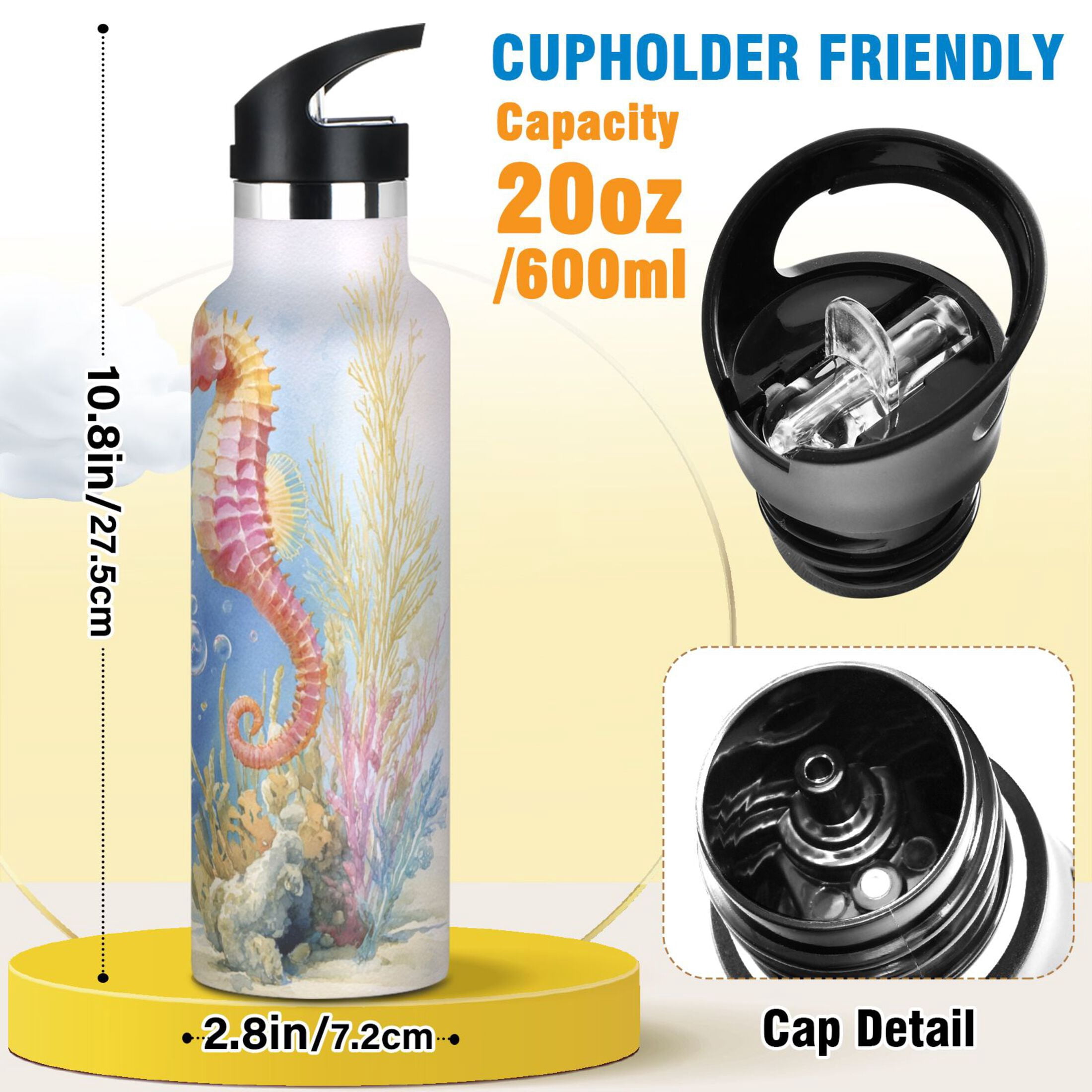 Kids Insulated Stainless Steel Sports Water Bottle 600ml Cute Seahorse Pattern