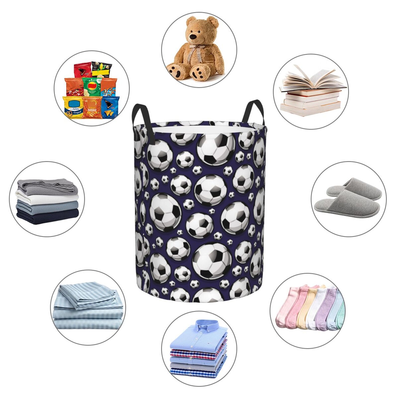 Large Laundry Basket with Handles - football soccer ball navyblue Kids Baby Dirty Clothes Laundry Hamper for Bedroom Aesthetic