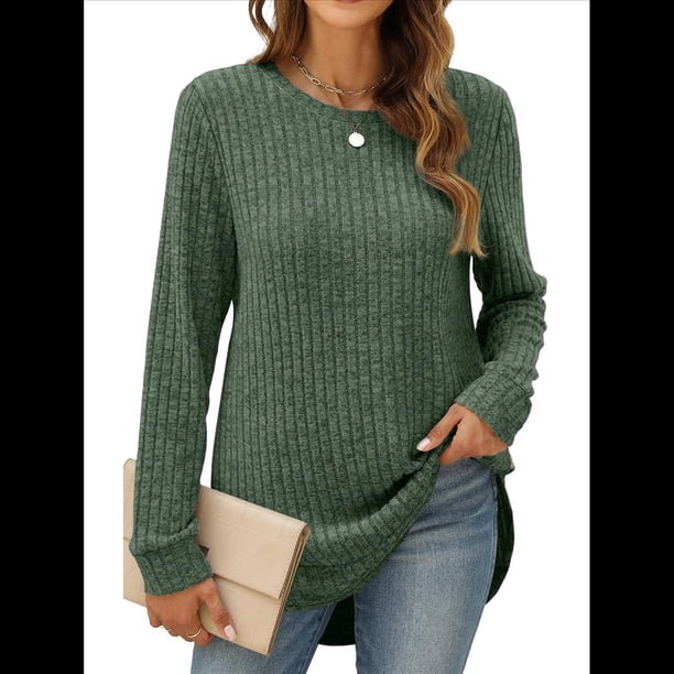 Suéteres de Moda para Mujer, Tops de Larga, Ropa de Otoño, Camisetas y Blusas de Moda. Verde XXL