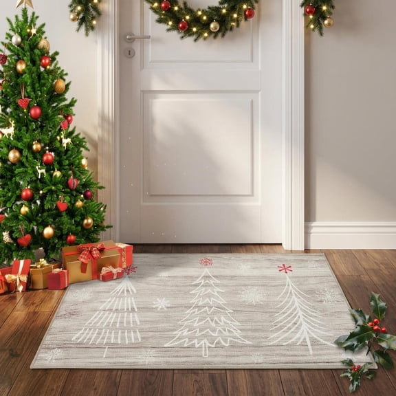 HIWEAVER 17 x 29 Inch Christmas Tree Design Gray/White Doormat, Washable Non-Slip Entry Mat, Stain Resistant Throw Rug for Porch, Kitchen, Hallway & Indoor Entrance