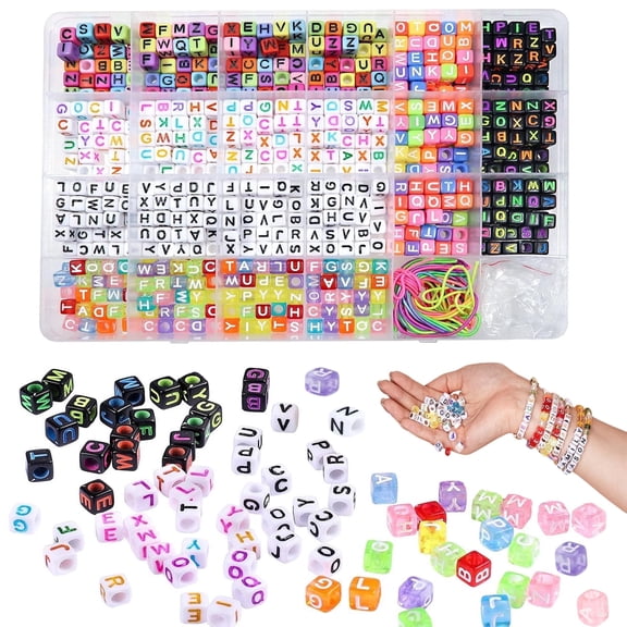 800Pcs Cube Letter Beads,6 Colors A-Z Acrylic Alphabet Beads W/2 Roll Crystal String Cord for Kids Adult Friendship Bracelets Making Jewelry Making(6mm)