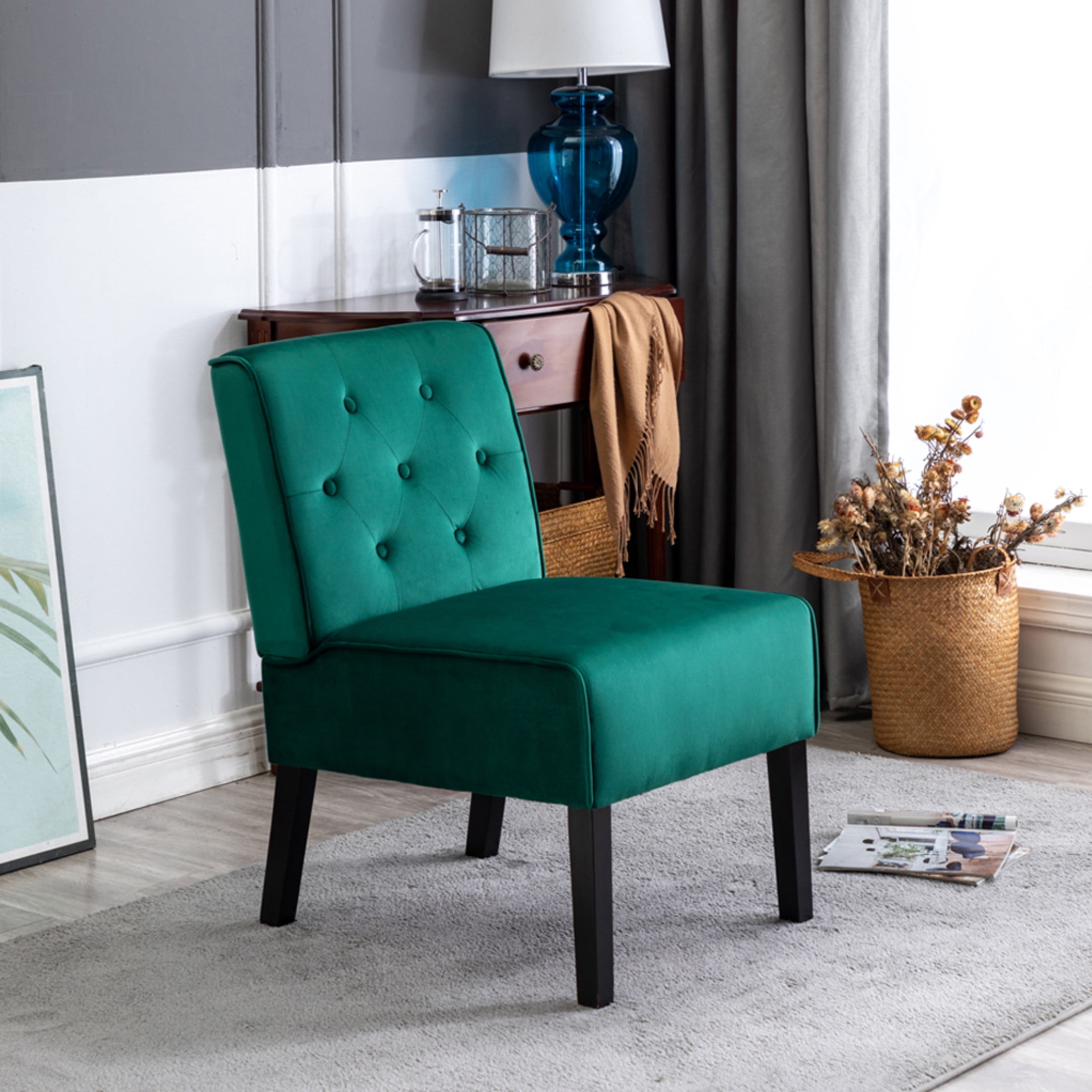 GDF Studio 21" Modern Accent Chairs Set of 2 with Button Tufted Velvet Upholstery, Tapered Wood Legs, Green