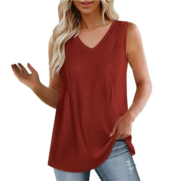 Summer Cotton Tank Tops Woman 2024 Front Pleated Loose Fit V Neck Sleeveless Casual Tunic Tops Vest Tees (Small, Red)