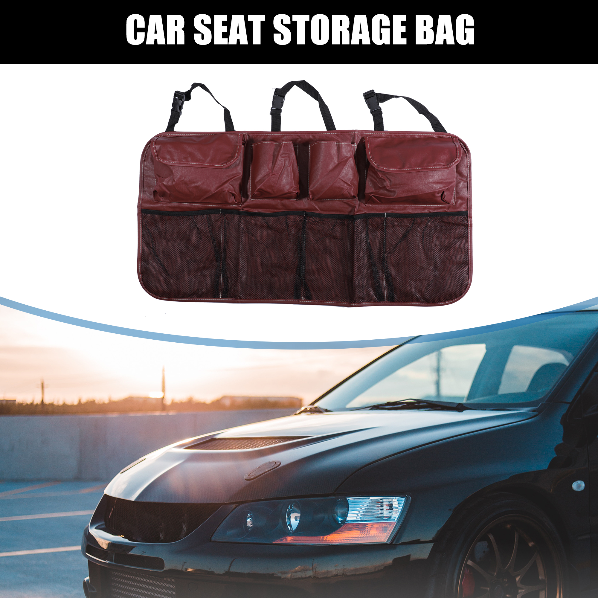 Unique Bargains Universal 88 x 48cm Car Seat Protector Organizer Interior Multi Pocket Storage Bag Faux Leather Red - image 2 of 6