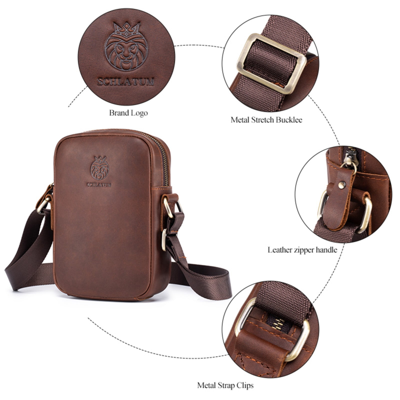 SCHLATUM Leather Crossbody Bag for Men, Shoulder Bag for Men, Man Purse with Zipper and Adjustable Shoulder Strap