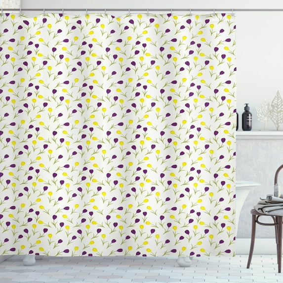 Spring Shower Curtain, Retro Style Seasonal Design with Contrast Color Little Blossoms, Fabric Bathroom Set with Hooks, 69W X 75L Inches Long, Purple Yellow and Apple Green, by Ambesonne