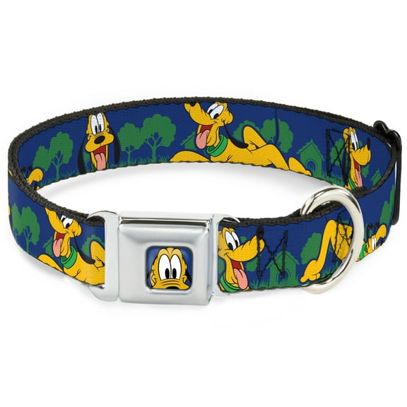 Disney Pet Collar, Dog Collar Metal Seatbelt Buckle, Pluto Poses Landscape Blue Green, 15 to 24 Inches 1.0 Inch Wide