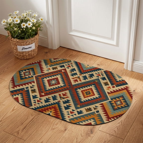 Diamond Motifs Diatomaceous Earth Bath Mat, Boho Southwestern Blue Beige Orange Woven Pattern Oval Non-Slip Quick Dry Door Mat Super Absorbent Bath Rug for Bathroom Kitchen Laundry 16x24in