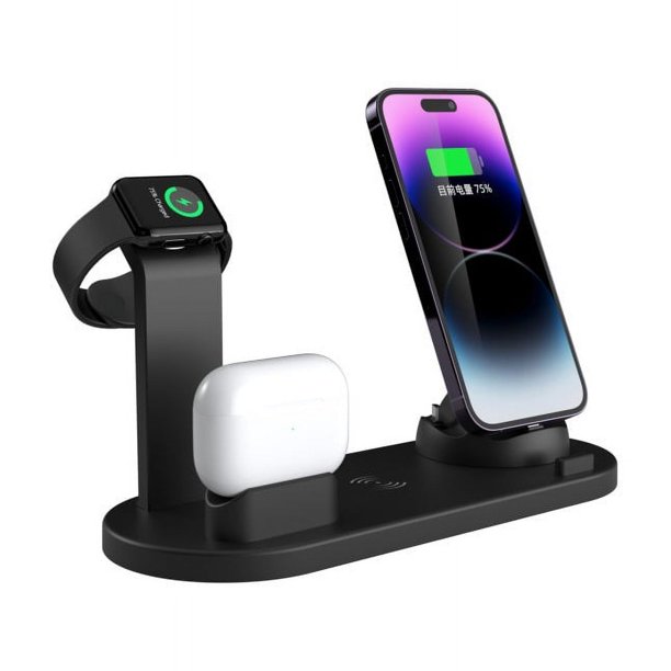 Estación de carga inalámbrica 4 en 1, cargador rápido de 15W, soporte para teléfono, reconocimiento inteligente, Compatible con (negro)