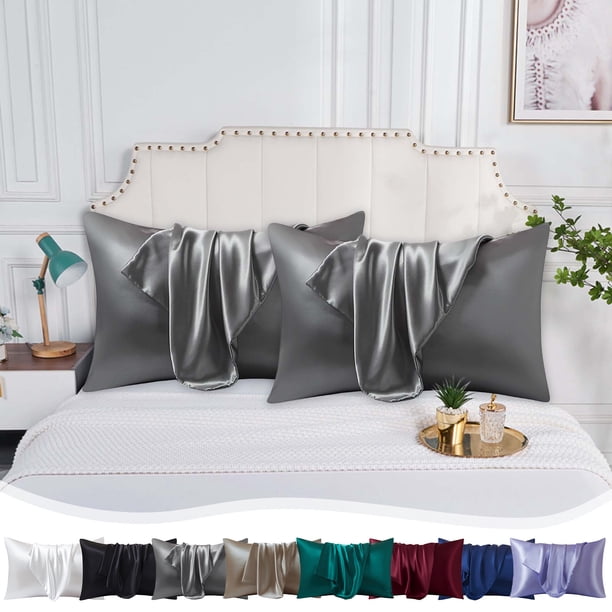 Conjunto simulado de fundas de almohada de seda satinada de 2, tamaño estándar 20x36 – fundas de almohada de poliéster de sátil de color sólido reversible, funda de almohada suave y lisa, blanca