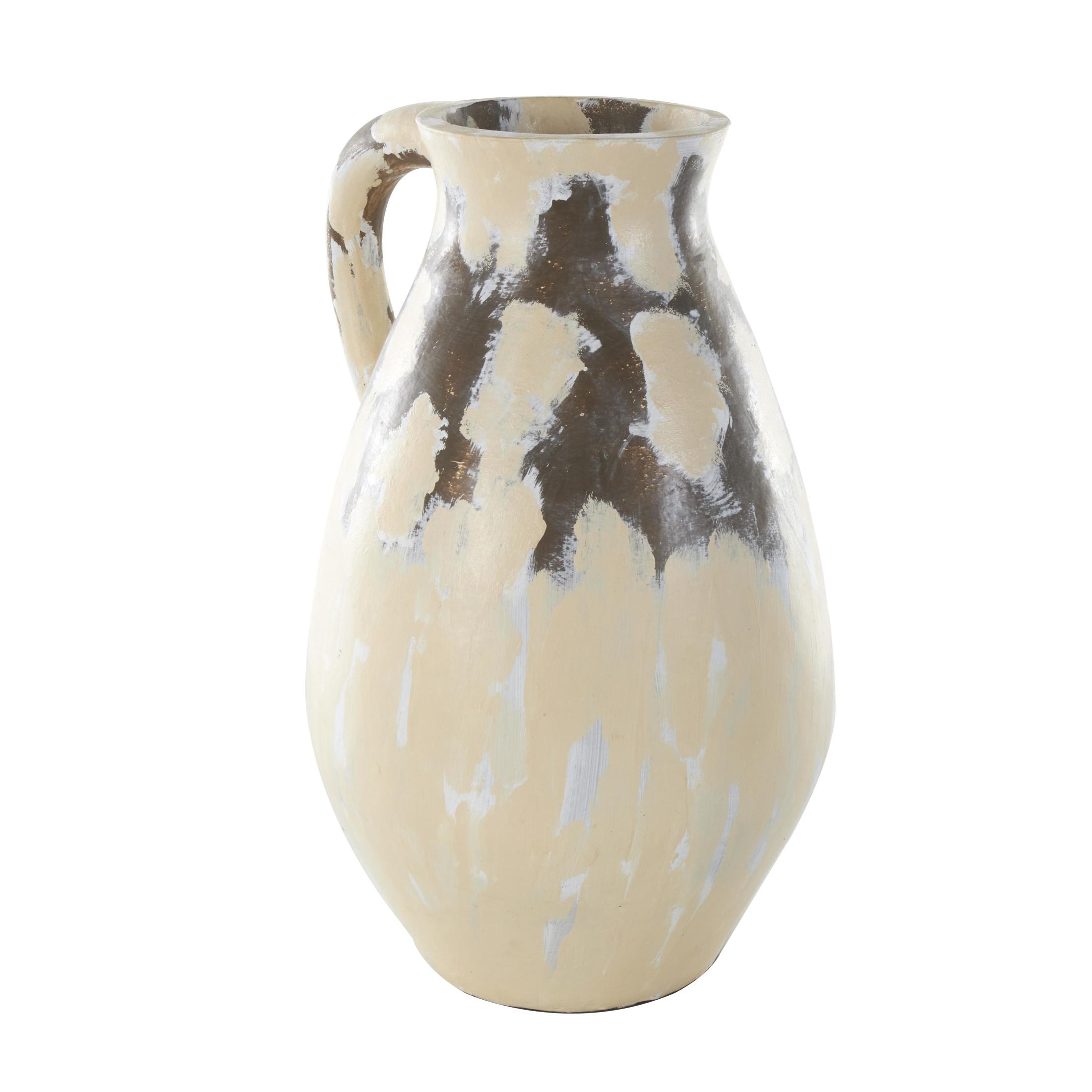 DecMode 19" Antique Style Pot Cream Ceramic Vase with Curved Handle