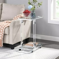 Mobile Sofa Side Table, Acrylic End Table C-Shaped Snack Table On Wheels with Tempered Glass Shelves and Clear Acrylic Frame, Clear Rolling Table Tray Table for Living Room Bedroom Balcony, Chrome