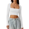 thumbnail image 2 of Yunliwuli Women T-shirt, Long Sleeve Square Neck Solid Color Slim Fit Ladies Crop Top Clubwear, 2 of 8