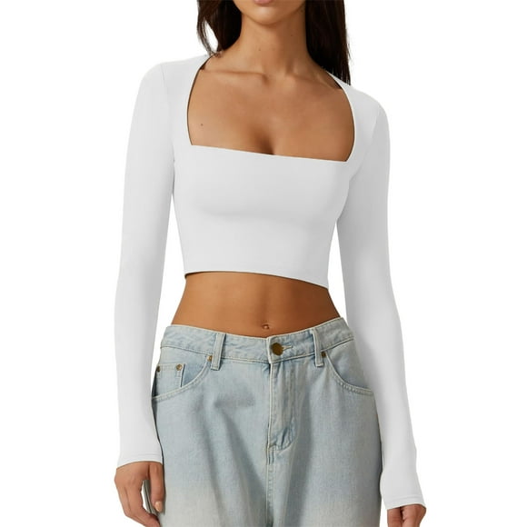 Women T-shirt, Long Sleeve Square Neck Solid Slim Ladies Crop Top