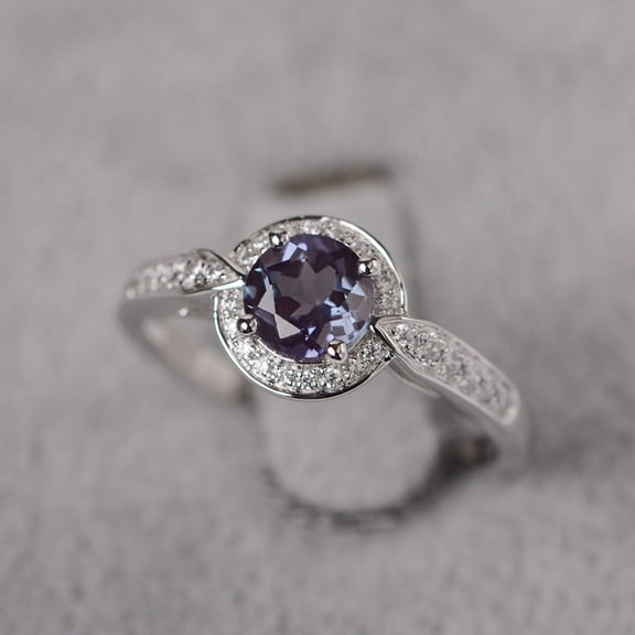 Alexandrite ring sterling silver halo engagement ring for women round cut gemstone June birthstone ring