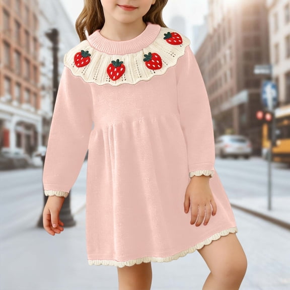 ZHOGXU Big Kids Girls Dress Long Sleeve Round Neck Knitted Strawberry Embroidery Lace Trim Comfortable Stylish Dresses For Daily Wear Pink 4-5 Years