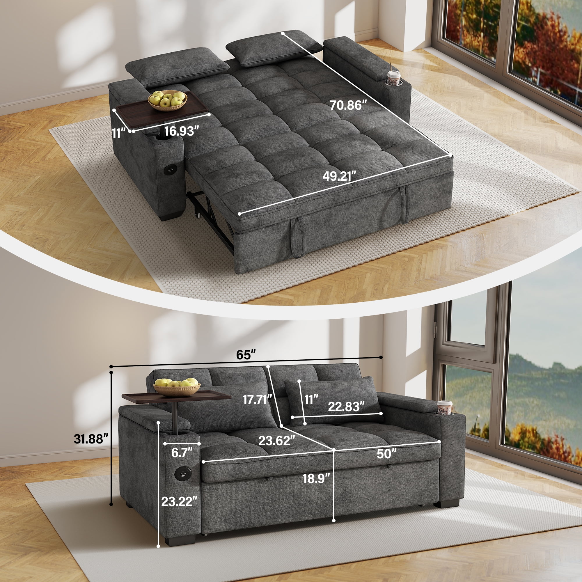 Aukfa 65"W Convertible 3-in-1 Sofa Bed with Storage, Queen Chenille Sleeper Couch with USB/Type-C Ports & Rotating Side Table,Gray
