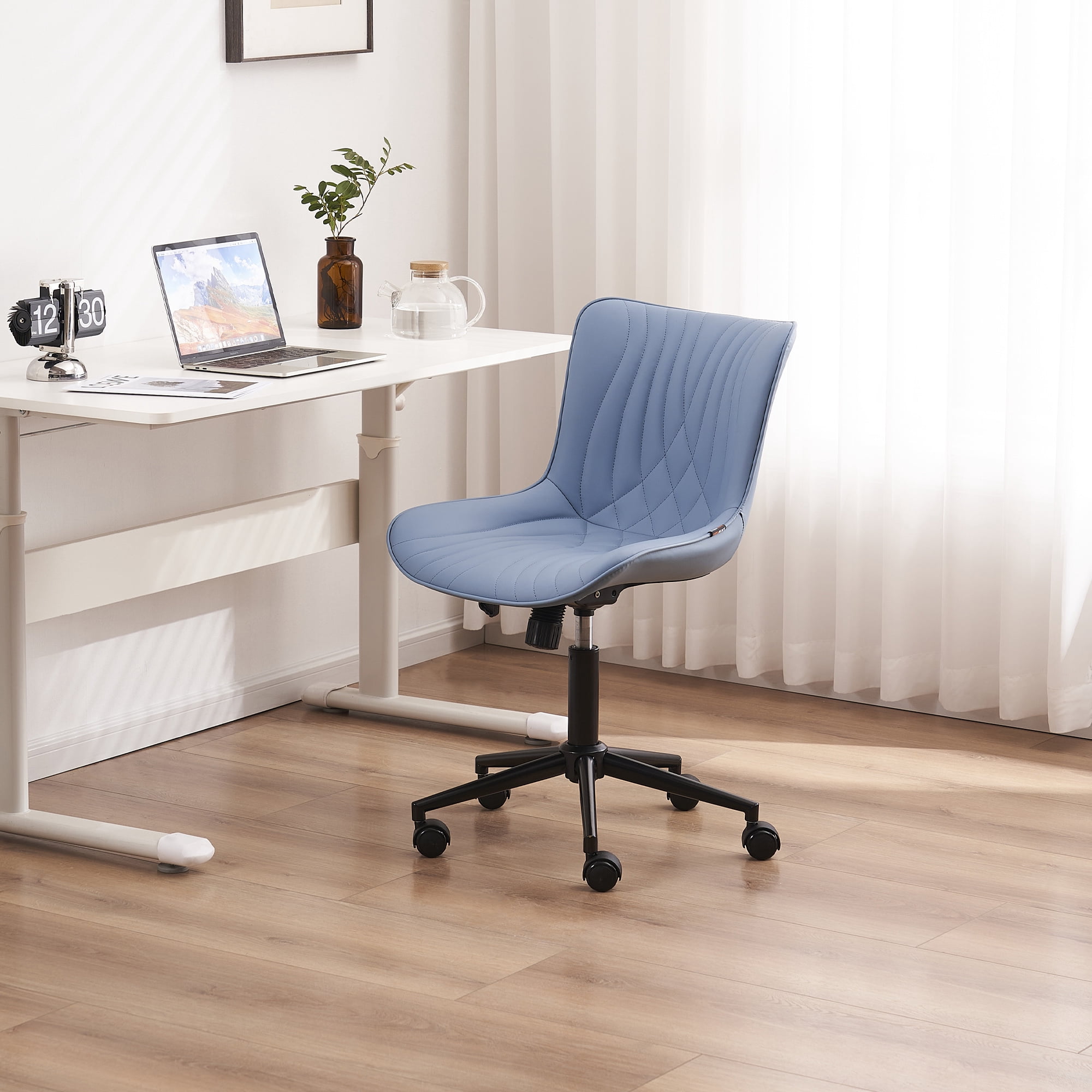 YOUNIKE Modern Office Chair with Wheels Adjustable Ergonomic Desk Task Chair in Mid-Back Blue PU Design