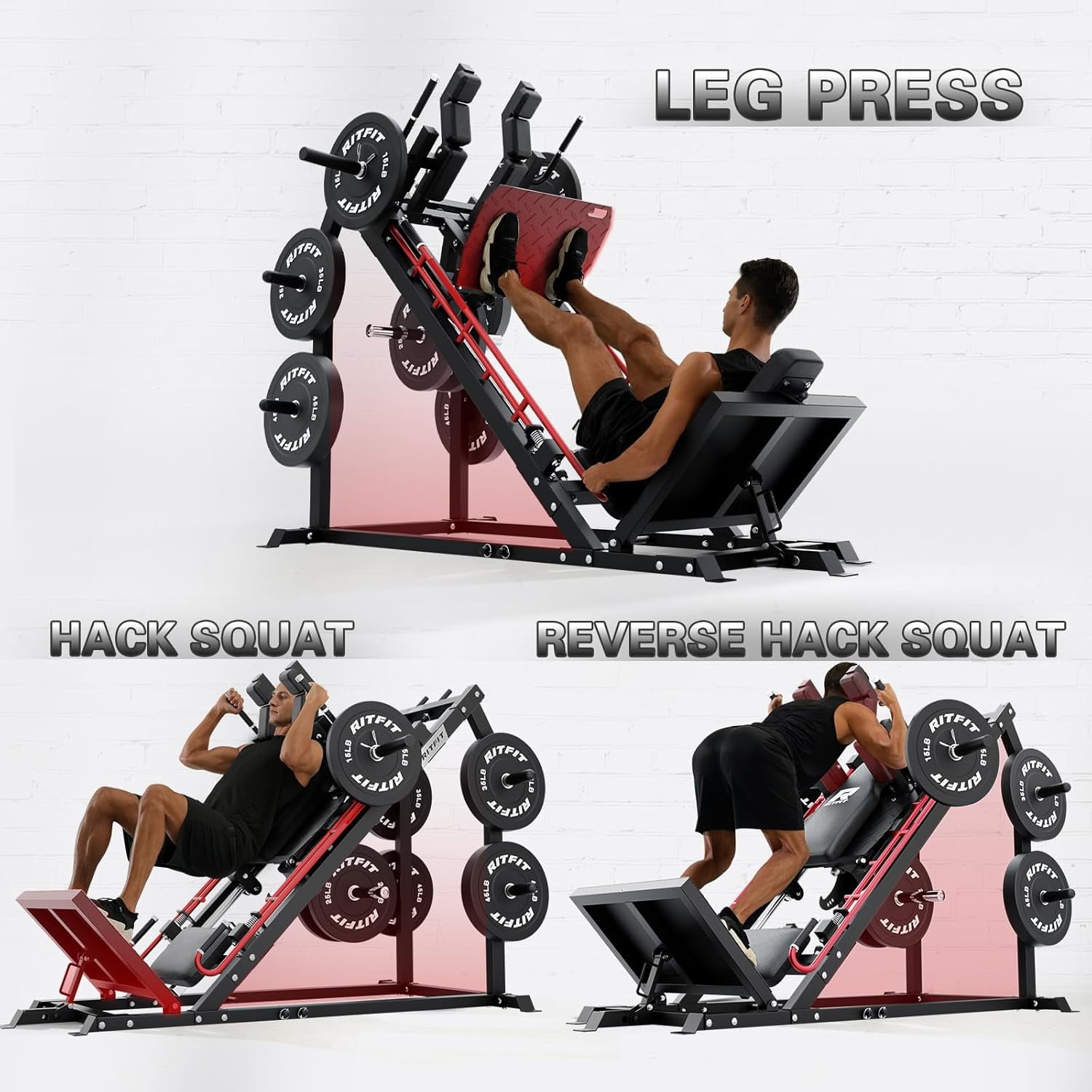RitFit Gazelle Pro 3 in 1 Leg Press and Hack Squat Machine - High-Tensile Steel Leg Press Machine, 2000 lbs Capacity, Adjustable Angles, Hack Squat Machine with Weight Storage, for Home Gym (Red)