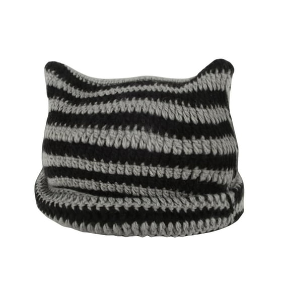 Viworld Women Man Striped Beanie Hat, Winter Knit Warm Slouchy Beanie Hat with Cat Ears Ski Hat