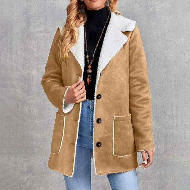 Chaquetas y abrigos casuales de manga larga sin capucha para mujer, abrigo de invierno cálido compuesto con cuello de solapa y botones, abrigo para mujer