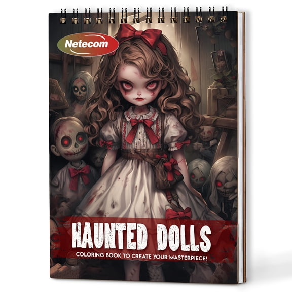 Netecom Haunted Dolls Coloring Book Spiral Bound For Adults, A5 Wooden Cover, 30 Spooky Coloring Pages in Vintage Haunted Doll Themes for Stress Relief and Relaxation