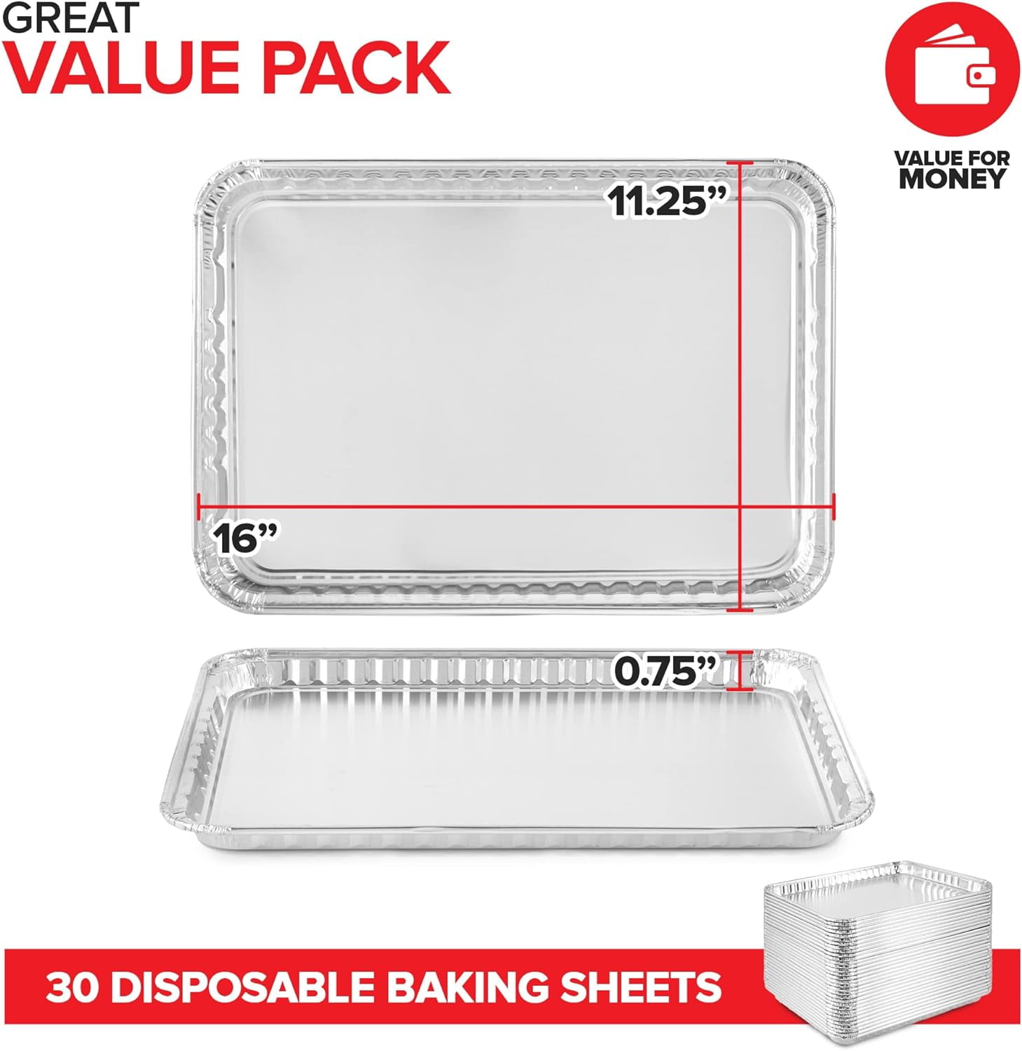 Disposable Cookie Sheets for Baking (30-Pack) Aluminum Trays, Foil Pans, Shallow Sheet Pan for Cooking Thin Crust Pizza, Brownie Tins, Oven Liners