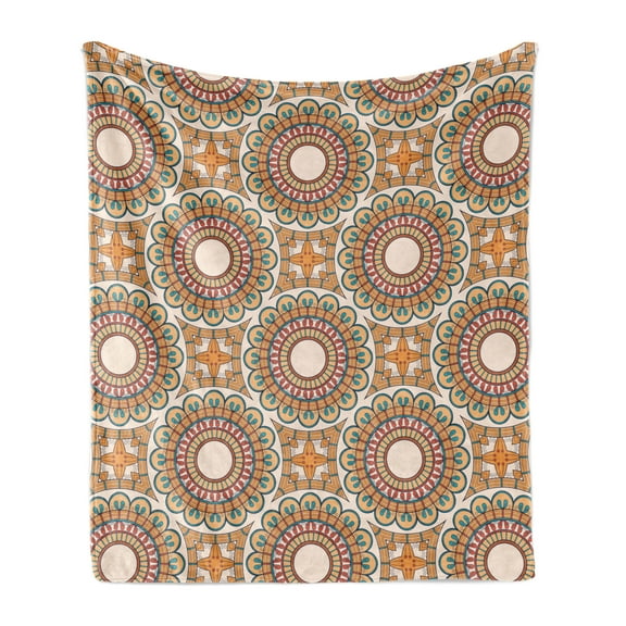 Abstract Soft Flannel Fleece Blanket, Ethnic Art Style Floral Medallions in Earth Tones Continuous Pattern, Cozy Plush for Indoor and Outdoor Use, 60" x 80", Champagne and Multicolor, by Ambesonne