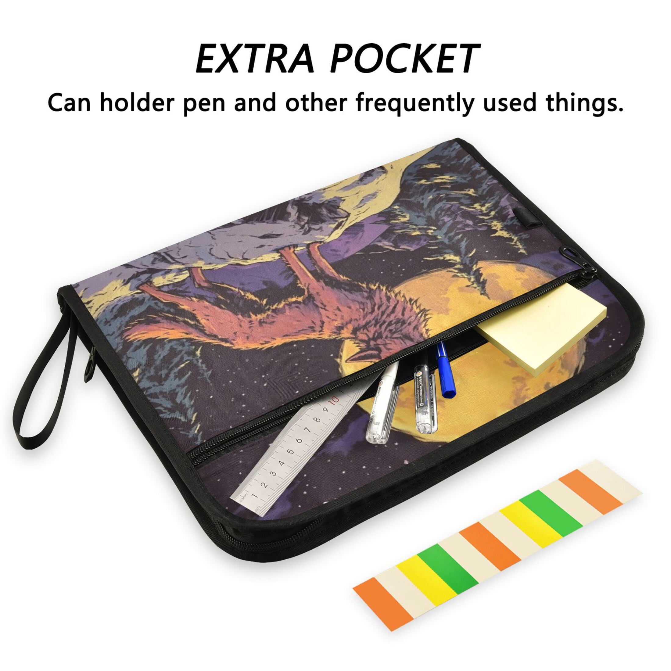 13-Pocket Expanding File Folder—Nylon Accordion File Organizer with Handwritten Labels, Moon Wolf