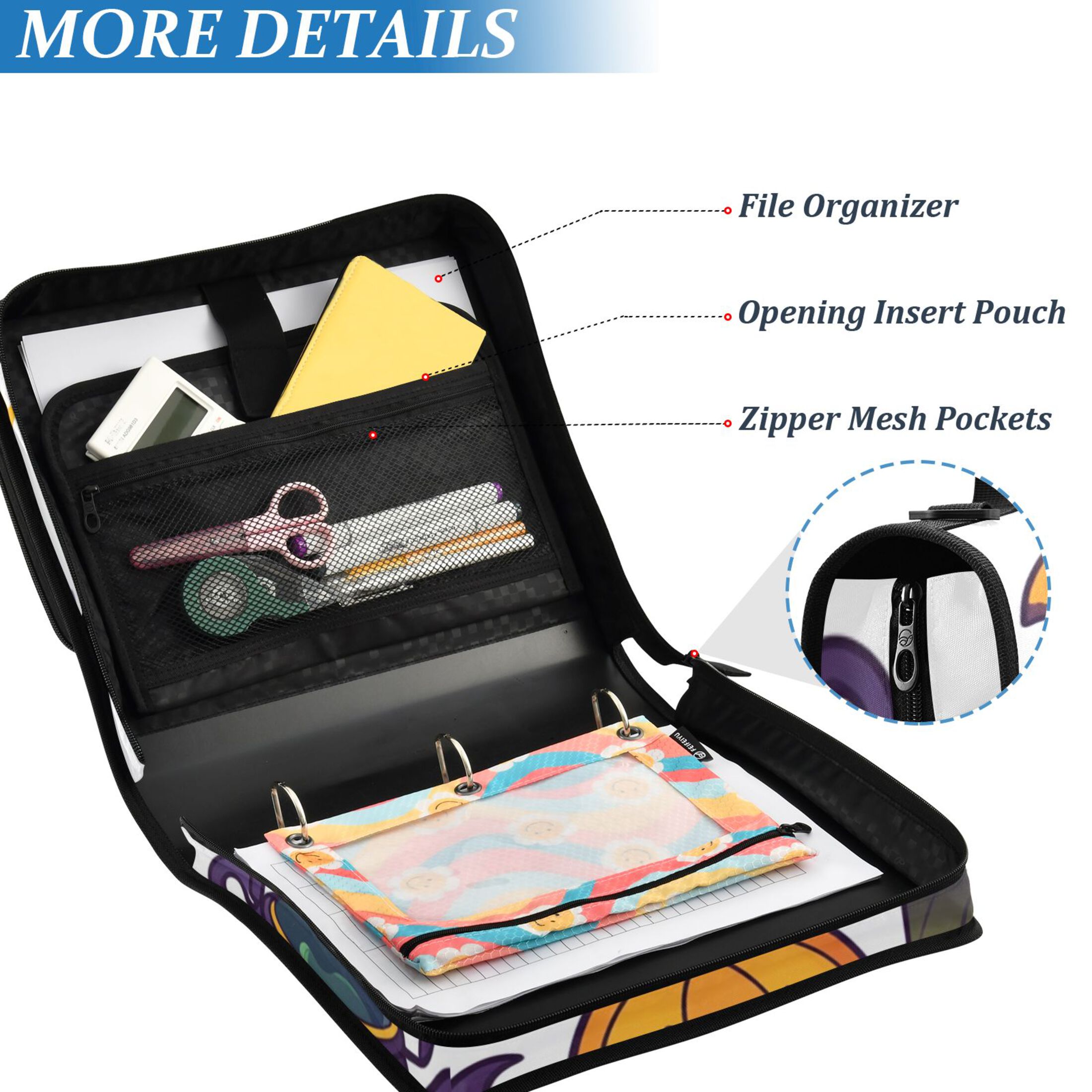 3 Ring Zipper Binder with Shoulder Strap Waterproof Trapper Keeper 2 Inch D-Ring 500 Sheets Capacity Cartoon Ghost Pumpkin Bats