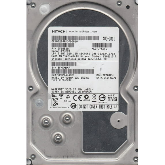 HUA722020ALA331, PN 0F10629, MLC JPK3FD, Hitachi 2TB SATA 3.5 Hard Drive