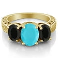 thumbnail image 2 of Gem Stone King 2.90 Ct Oval Green Turquoise Black Onyx 18K Yellow Gold Plated Silver Ring (Size 9), 2 of 3