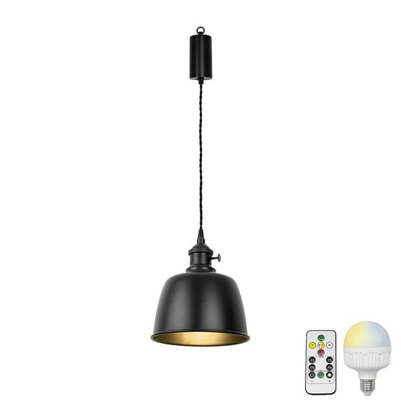 KAYYELAMP Remote LED Bulb Rechargeable Battery Adjusted Cord Hanging Light Dimming Timing Black Base Black Shade Vintage Design for Kitchen Farmhouse