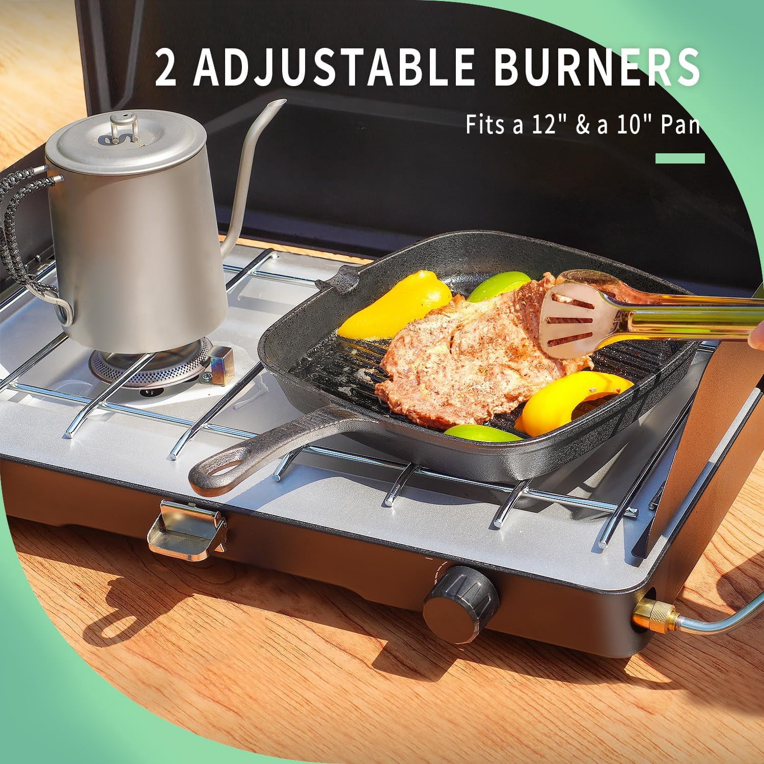 VANSTON 2-Burner Propane Camping Stove, 20,000 Total BTUs, Wind Guards, Adjustable Burners, Instant Push-Button Ignition, Suitable for Backyard BBQs, Beach Cookouts, Tailgating