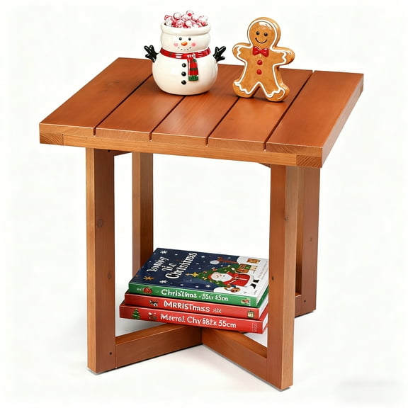 Zimtown 18in Square Outdoor Wood Side Table with Cross Legs for Patio Balcony Lawn Pool, Teak Finish