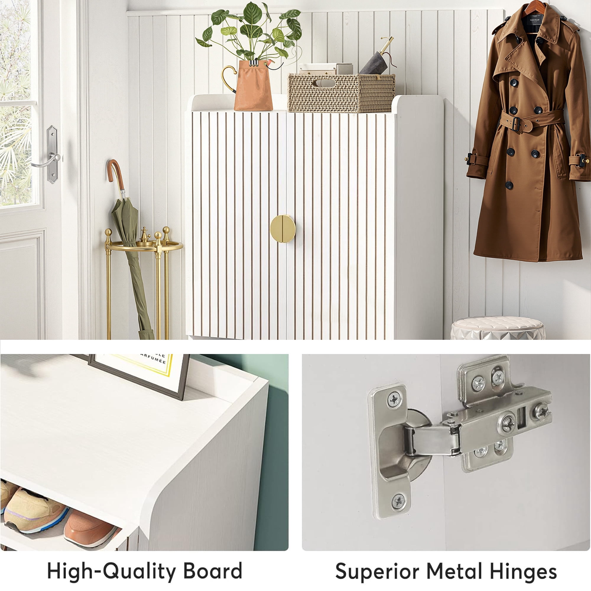 MAYEERTY 24-Pairs Large Capacity Shoe Organizer, White Waterproof Wood Finish with Golden Metal Accents