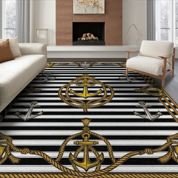 ODIKA 8'x10' Washable Area Rug Layered Door Striped Welcome Nautical Velvet Doormat Sunburst for Living Room, Under Sectional, Family , Durable, Non-Slip
