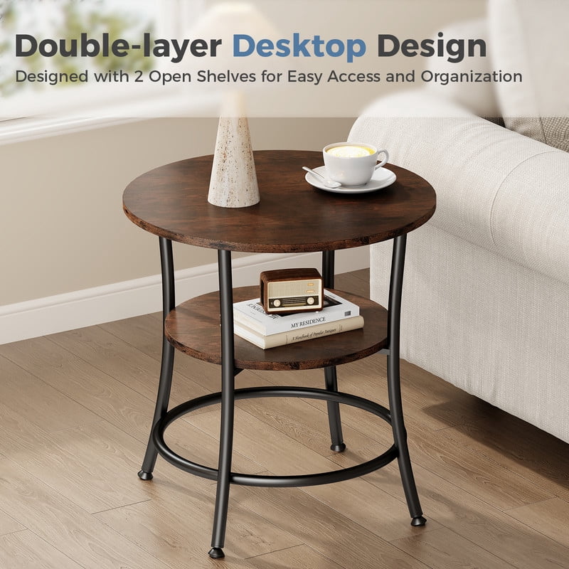 Gianna 2-Tier Round Side Table，Space-Saving End Table for Small Living Room & Bedroom，Rust Brown