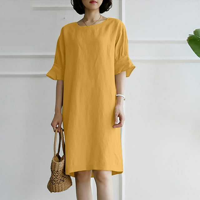 SMihono Robe d'Été Boho pour Femmes Grande Taille Robe d'Été Décontractée en Coton Lin Manches Courtes Col Rond Robe Unie