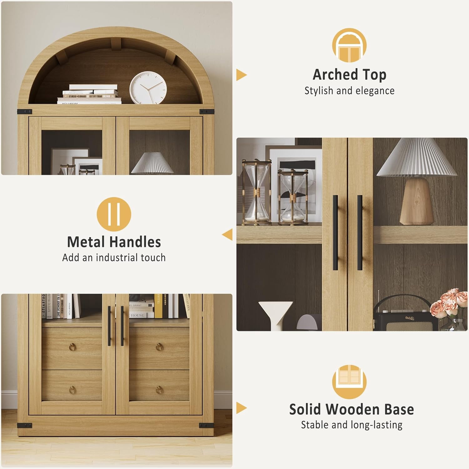Arched Kitchen Pantry Storage Cabinet with 2 Drawers, 71-Inch Tall Farmhouse Wood Bookcase with 4 Doors for Kitchen Dining Room Bathroom