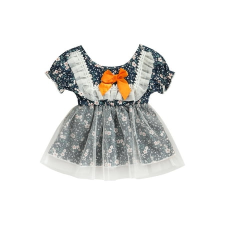 

Infant Baby Girls Short Sleeve Dress with Mesh Stitching Bow Flower Print Ruffle Summer Clothing
