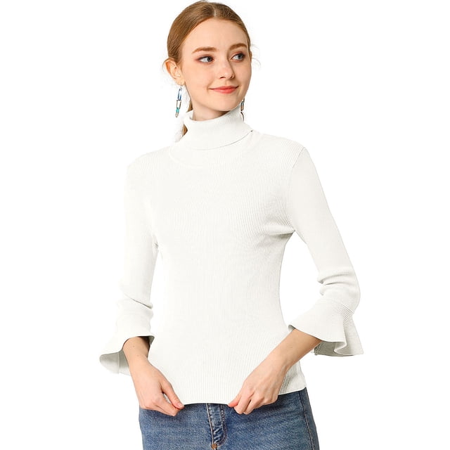 Suéter Allegra K de cuello alto de Manga Larga con volantes para Mujer jersey de punto Elástico Blanco XL