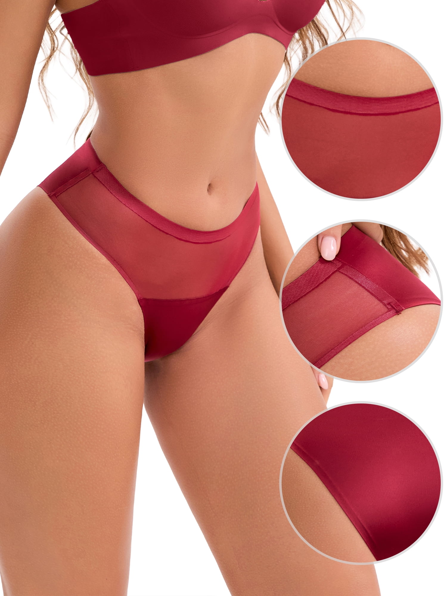 DARING DIVA Women's Ice Silk Mid Waisted Underwear Seamless Briefs L Wine Red