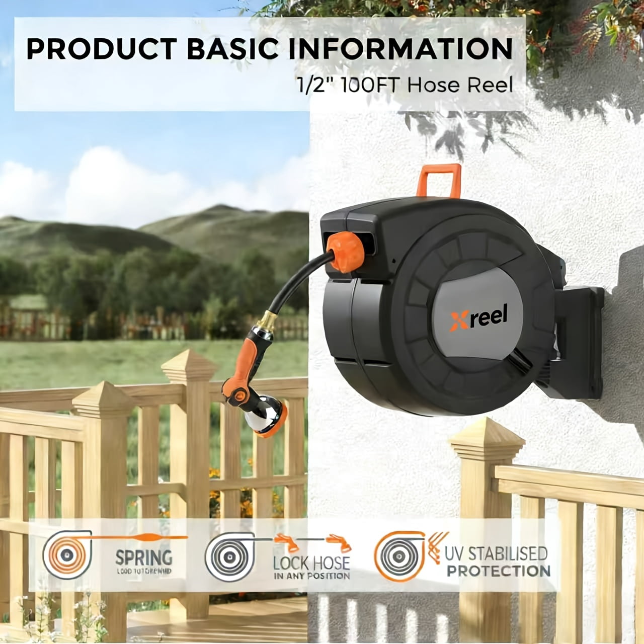 Retractable Garden Hose Reel With Wall Mount 1/2"x70FT,With 10 Pattern HoseNozzle, Brass Connector, Auto Rewind/Any Length Lock/ 180° Swivel Bracket, Ideal For GardenWatering