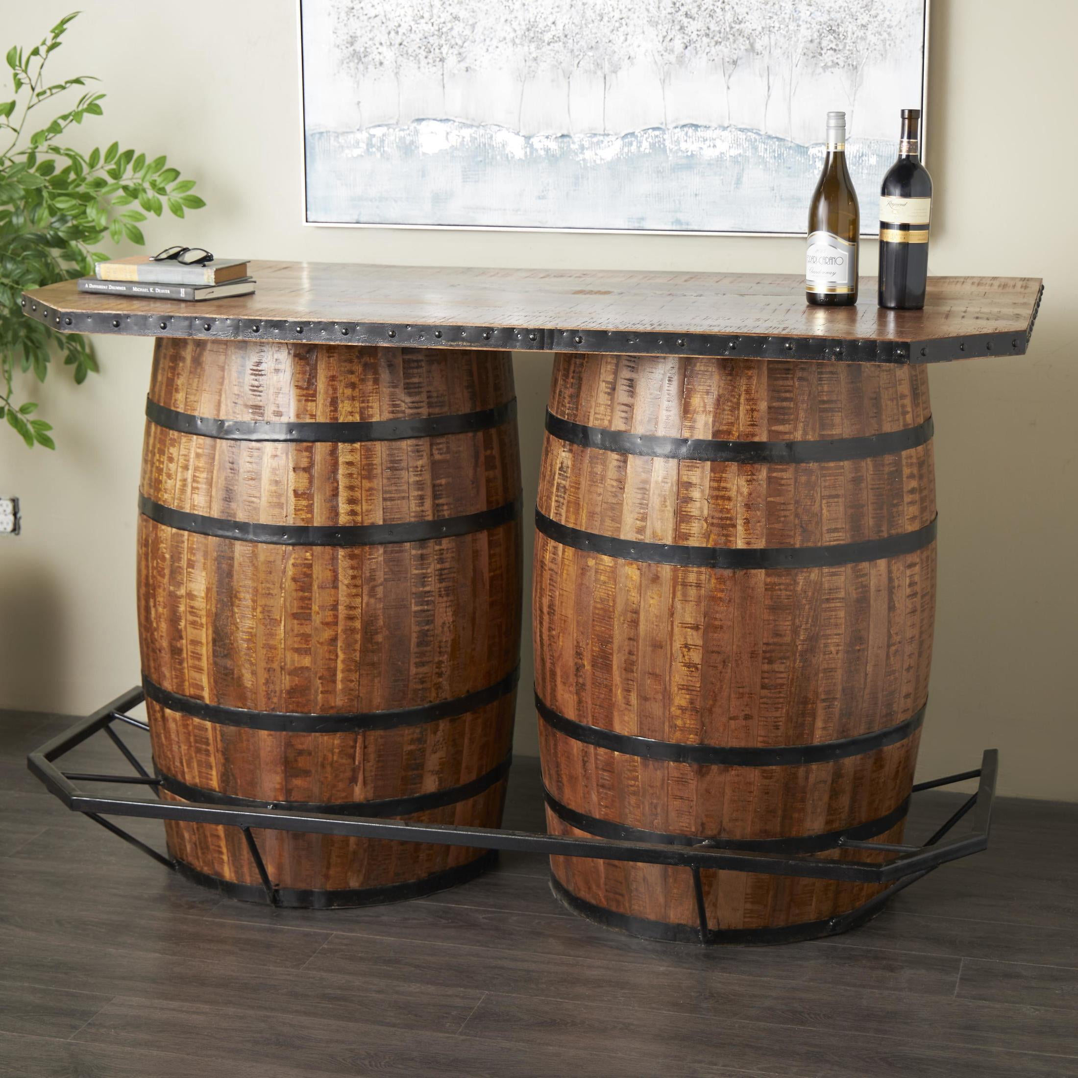 DecMode 63" x 40" Brown Mango Wood Kitchen Barrels Bar with Live Edge Tabletop and Black Metal Support, 1-Piece