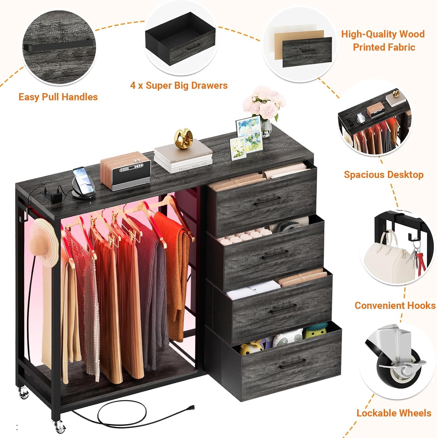 Homieasy Dresser with Hanging Rack & 4 Drawers, Dresser with Clothes Rack for Bedroom with LED Lights, Charging Staion, Storage Chest with Wheels, Black Oak