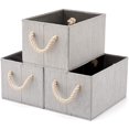 thumbnail image 1 of [Set of 3] Foldable Bamboo Fabric Storage Bin with Cotton Rope Handle, Collapsible Water Resistant Basket Box Organizer for Shelves, Closet, and More (Gray), 1 of 8