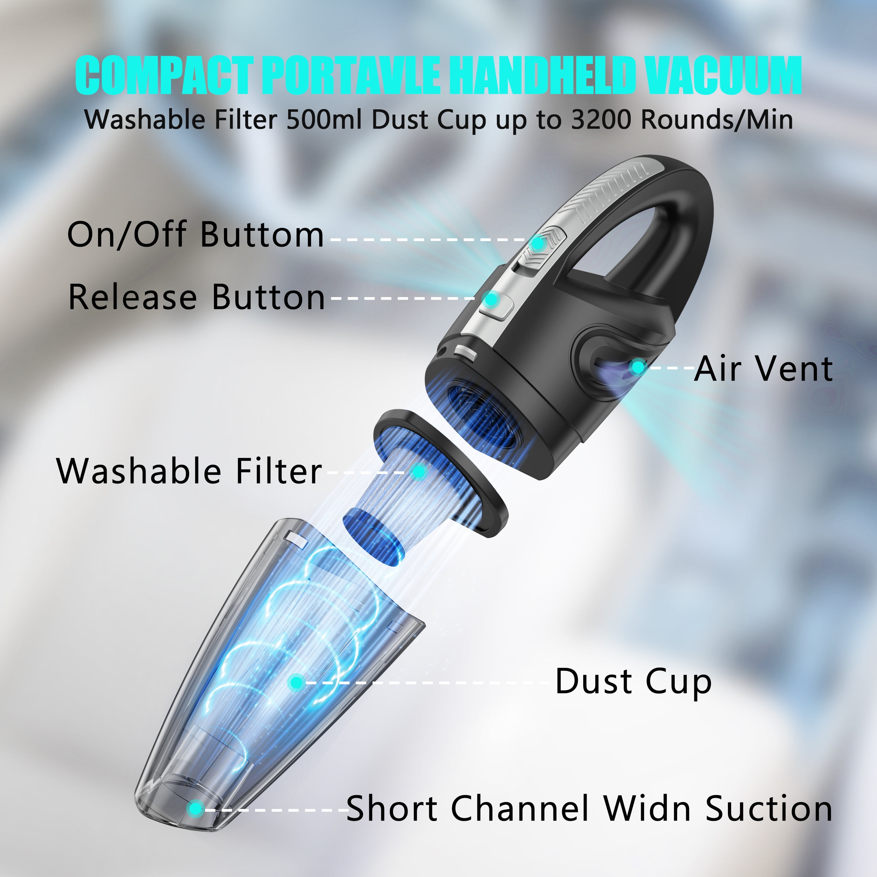 Juyafio Cordless Handheld Vacuum with 10000PA Powerful Suction, Portable Rechargeable Car Vacuum Cleaner For Car,Home